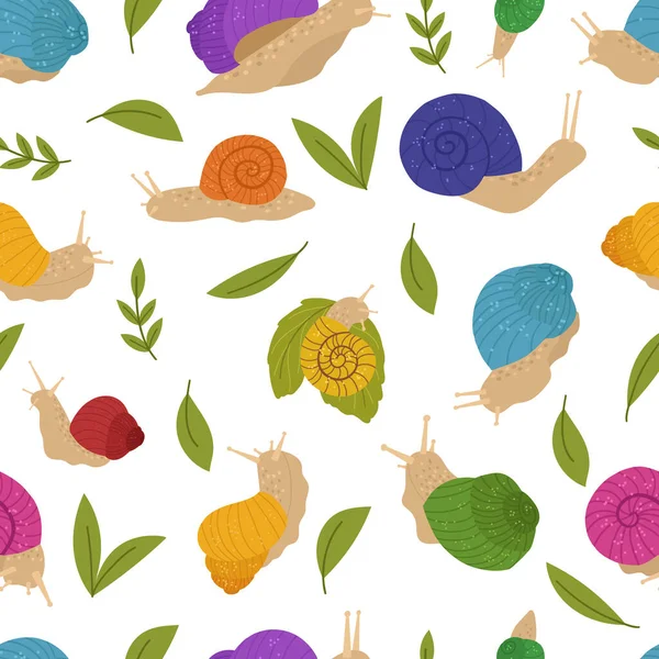 Cute snail seamless pattern in a multicolored shell with leaves. Vector hand drawn cartoon illustration. — Stock Vector