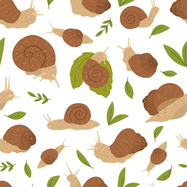 Cute snail seamless pattern in a shell in brown color. Vector hand drawn cartoon illustration. — Stock Vector