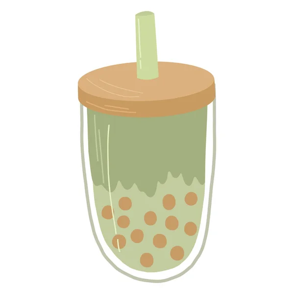 Biologische matcha thee met boba tapioca ballen. Vector hand getrokken — Stockvector