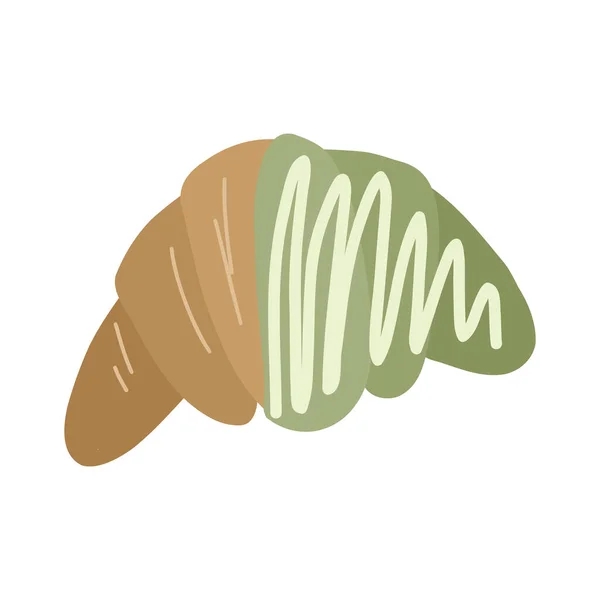 Croissant con esmalte de té matcha orgánica. Vector dibujado a mano de dibujos animados — Archivo Imágenes Vectoriales