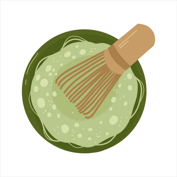 Préparation de thé matcha biologique au fouet de bambou. — Image vectorielle