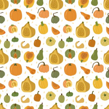 Renkli balkabağı pürüzsüz desen, sonbahar sebzesi bütün ve dilimlenmiş.