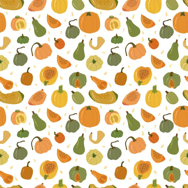 Farbenfroher Kürbis mit nahtlosem Muster, Herbstgemüse ganz und Scheibe. — Stockvektor