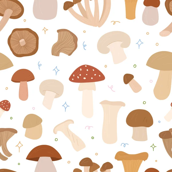 Cogumelos sem costura padrão: champignon, boleto, porcini, mel agárico, ostra, suillellus, shiitake, trompete royale, amanita. —  Vetores de Stock