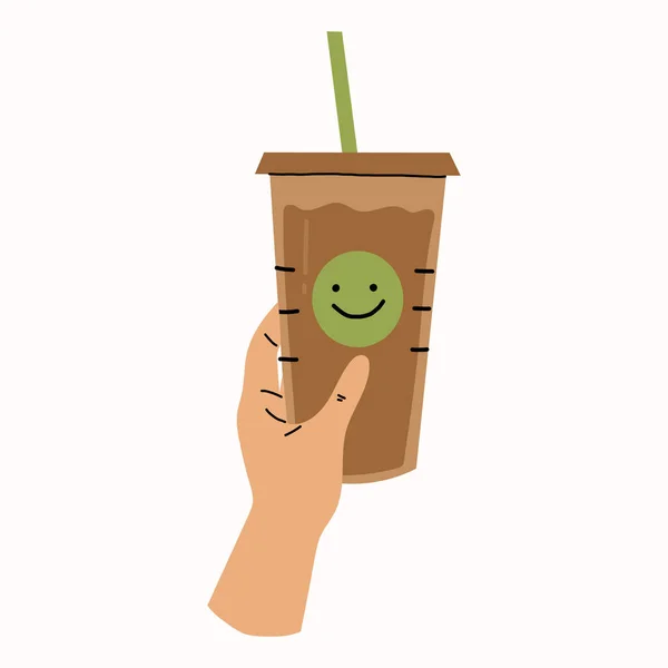 Human hands holding coffee cup with smile emoji. Cozy vector hand drawn illustration on white background. — Stock Vector