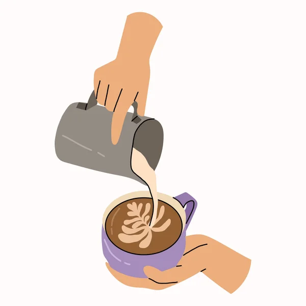 Barista handen houden koffiemok en voegt room, melk. — Stockvector