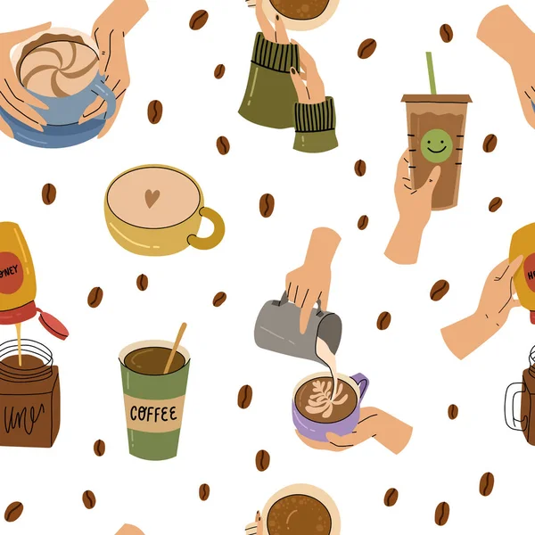 Farklı kahve fincanları ve fincanları tutan insan elleri. Kusursuz desen. — Stok Vektör
