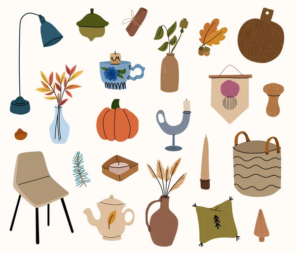 İskandinav sonbahar tasarım elementleri. Mobilyalar, mumlar, ev dekorasyonu.. — Stok Vektör