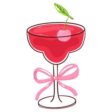 Kırmızı bir içecek, kiraz ve kurdele ile pembe kokteyl bardağı. Sevgililer Günü kartları, menüler ve çıkartmalar için coquette estetik sevimli vektör illüstrasyonu.