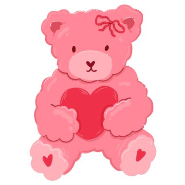 Sevimli pembe ayıcık karakteri oturuyor ve büyük kırmızı bir kalp taşıyor. Sevgililer Günü için şirin düz vektör illüstrasyonu, romantik kartlar, çocuk odası dekorasyonu ve çıkartmalar..