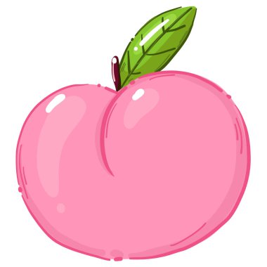 Şirin, yeşil yapraklı, pembe şeftalili tatlı bir meyve. Sevgililer Günü tasarımları için vektör illüstrasyonu, sağlıklı yemek temaları, çıkartmalar ve romantik baskılar