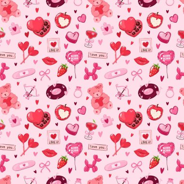 Canlı pembe sevgililer günü temalı desenler. İçinde kalpler, oyuncak ayılar, dudaklar, çikolatalar, balonlar ve sevimli aşk motifleri var.