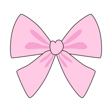 Ortasında küçük bir kalp olan sevimli pembe bir fiyonk. Sevgililer Günü, düğün dekorasyonu ve kız işi tasarımlar için düz karalama tarzında elle çizilmiş vektör çizimi