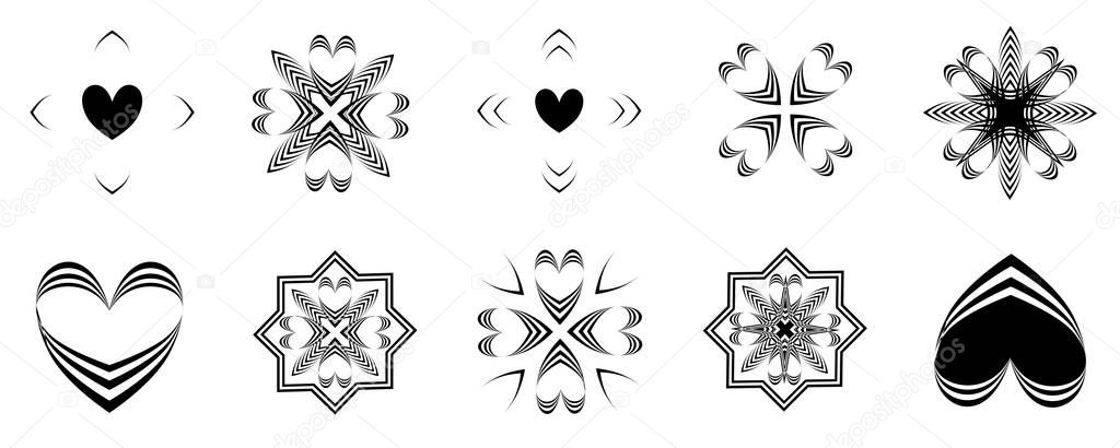 Collection of silhouette doodle heart, ribbon, stars, element object isolated icons shape decoration symbol with abstract background texture wallpaper drawing art graphic design vector illustration pattern seamless