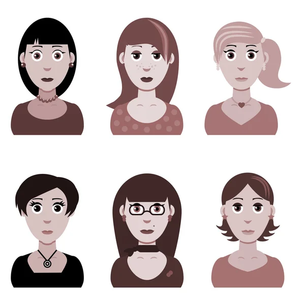 Ensemble de six visages de filles — Image vectorielle