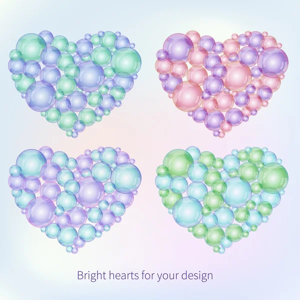 Conjunto de cuatro corazones hechos de burbujas — Vector de stock