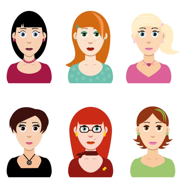 Ensemble de six visages de filles — Image vectorielle