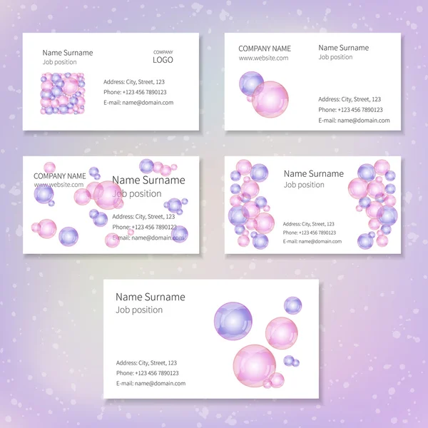 Tarjetas de visita con burbujas azules y violetas — Vector de stock