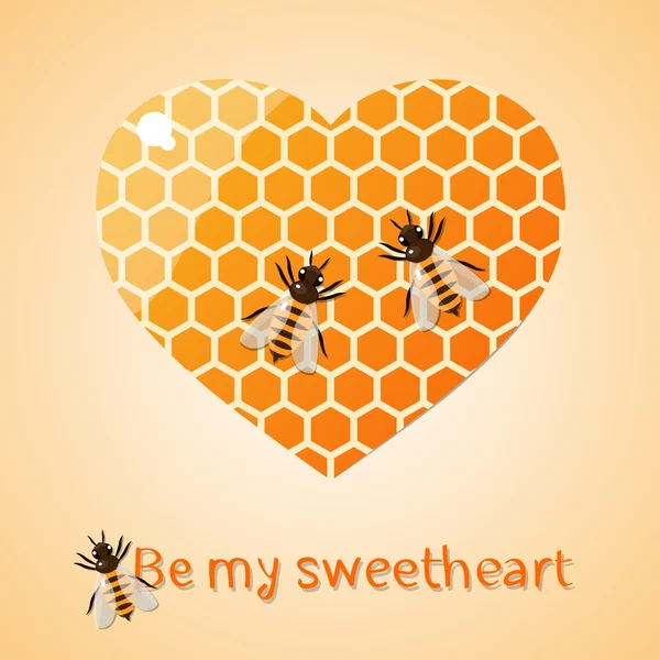 Corazón panal con abejas — Vector de stock