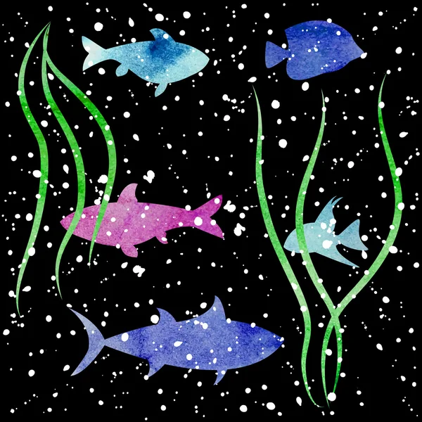 Dark watercolor fish background — Stock Vector
