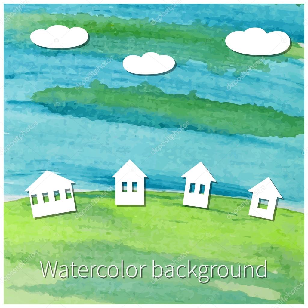 Watercolor background with  houses and clouds
