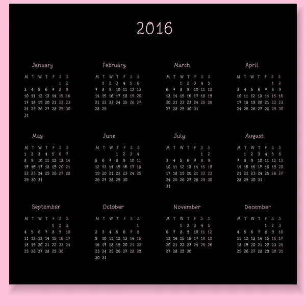 Calendrier noir et rose 2016 — Image vectorielle