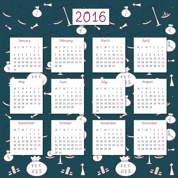 Calendrier 2016 avec éléments de gribouillis d'affaires — Image vectorielle