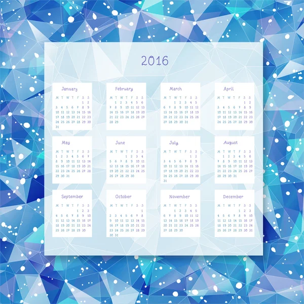 Calendario 2016 su sfondo triangolo blu — Vettoriale Stock