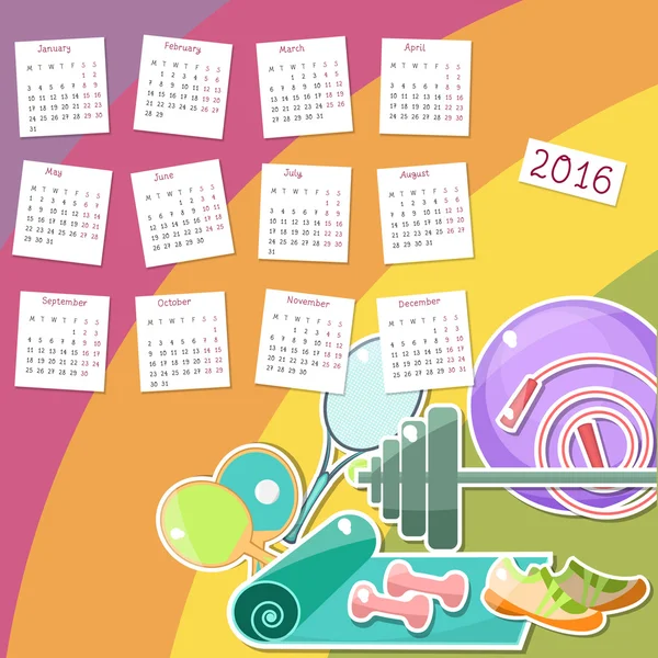 Календарь 2016 с иконами здорового образа жизни — стоковый вектор