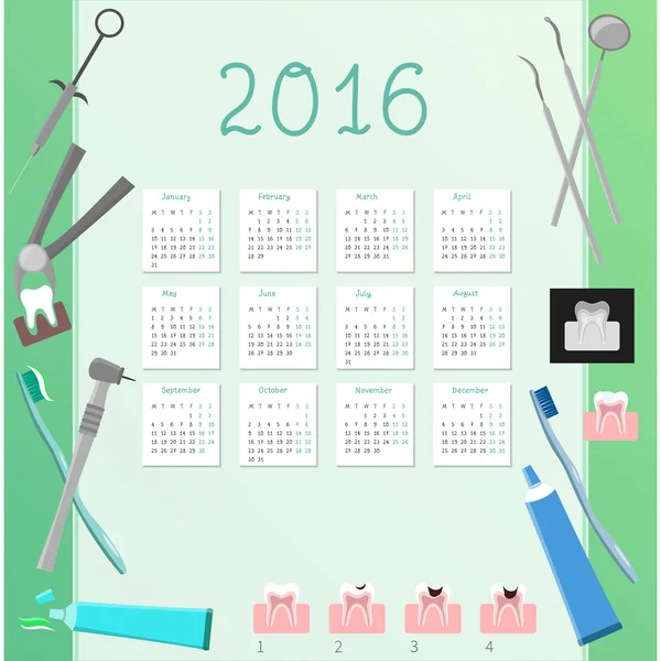 Calendrier 2016 avec des icônes dentaires avion — Image vectorielle