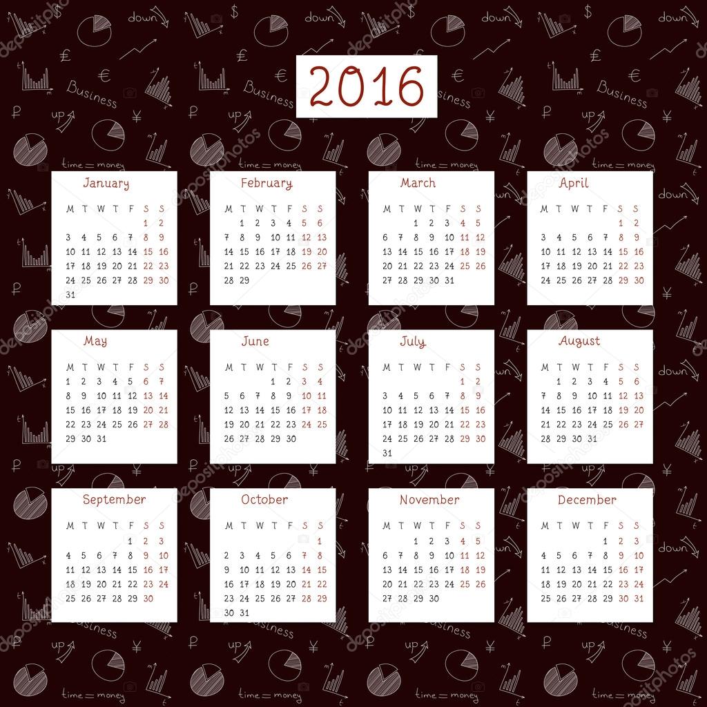 calendar 2016 with business doodles elements