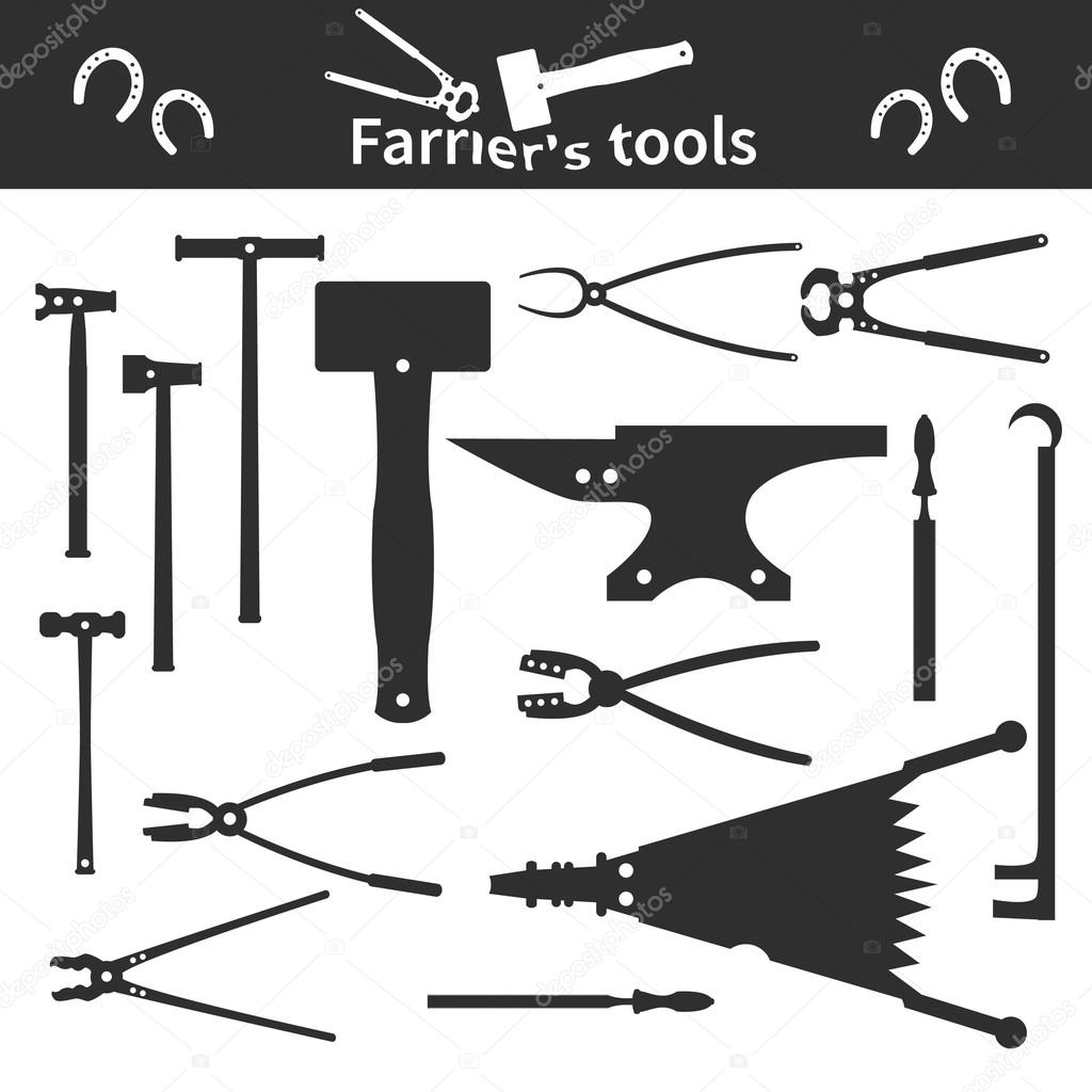 Set of monochrome farrier`s tools icons