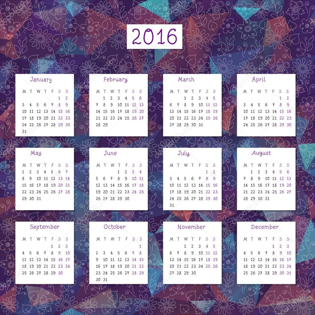 calendar 2016 with hand-drawn flowers