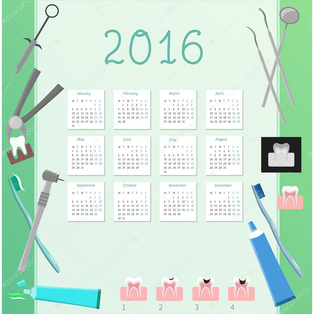 calendar 2016 with plane dental icons