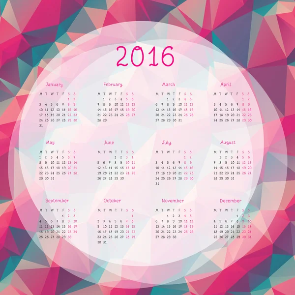 与现代的蓝色和粉红色三角形日历 2016 — 图库矢量图片