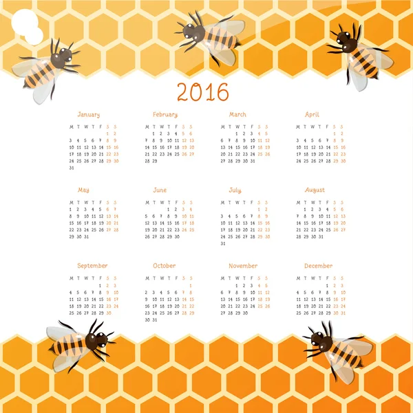 Kalender 2016 mit niedlichen bunten Bienen — Stockvektor