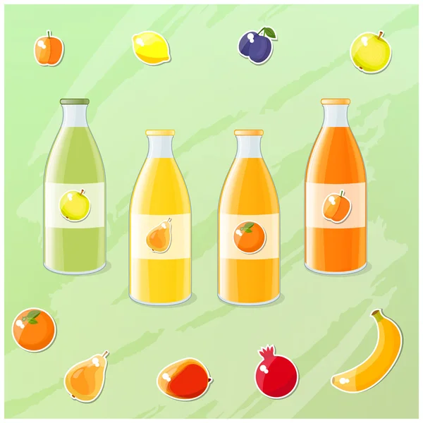 Botellas de jugo con iconos de frutas brillantes . — Vector de stock