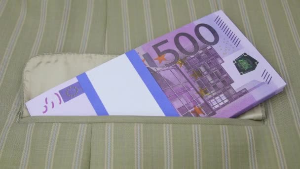 Cadeau de Noël d'un rouleau de 100 billets en euros présenté dans une petite boîte en bois — Video