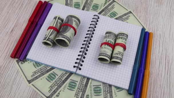 Οικονομική ιδέα με ρολά χαρτονομισμάτων των 100 δολαρίων. Περιστρεφόμενο τραπέζι — Αρχείο Βίντεο