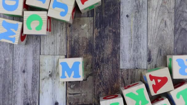 Huruf alfabet berwarna-warni pada kubus kayu dengan kata Perempuan. Hentikan gerak — Stok Video