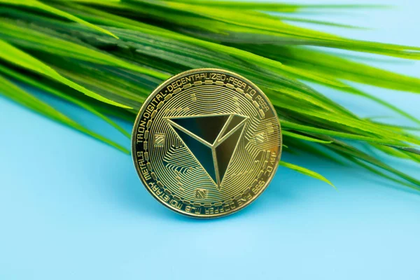 Tron TRX kripto para birimi taze yeşil yapraklı altın sikke