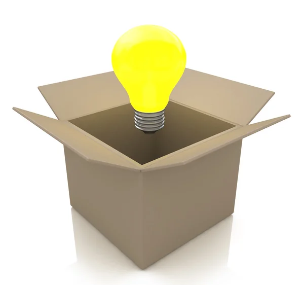 Opened cardboard box with lit light bulb, thinking outside the b — Stock Photo, Image