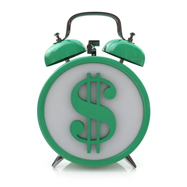 Green alarm clock with dollar symbol on clockface. Time is money — Stock Photo, Image