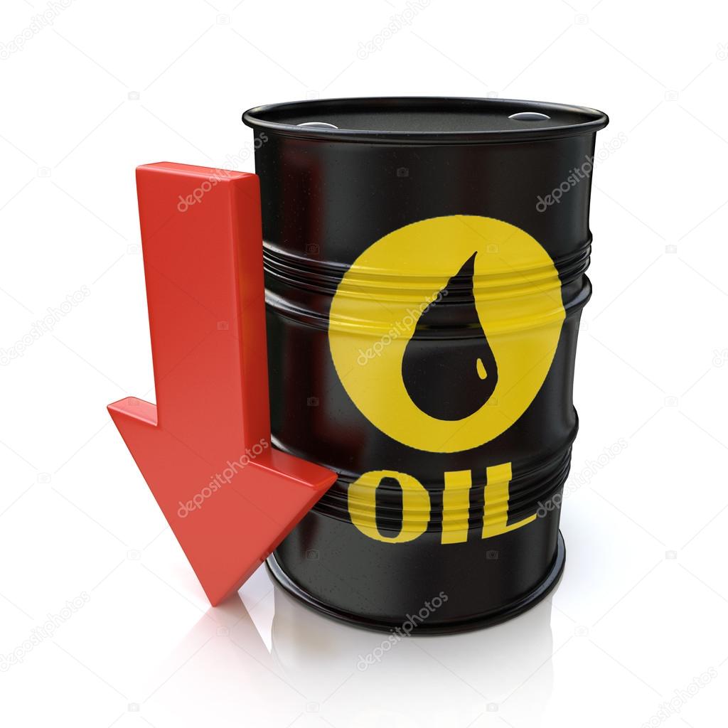 Barrel of oil and red arrow. The concept of reducing oil prices