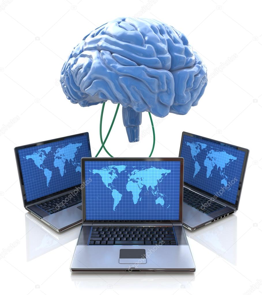 Computers connected to central brain, concept for distributed co