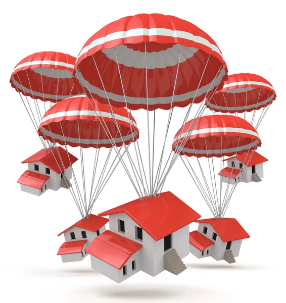 Casas em queda. Ilustração 3D de um desenho animado pequenas casas entregar — Fotografia de Stock