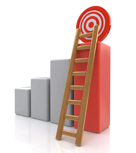 Konsep target bisnis, grafik bisnis 3d dengan tangga kayu ke — Stok Foto