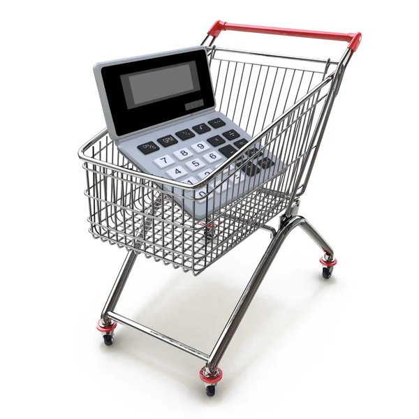 Calculator in shopping trolley cart isolated on white.Financial — Stock Photo, Image