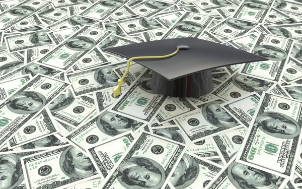 Mini graduation cap on US money -- education costs — Stock Photo, Image