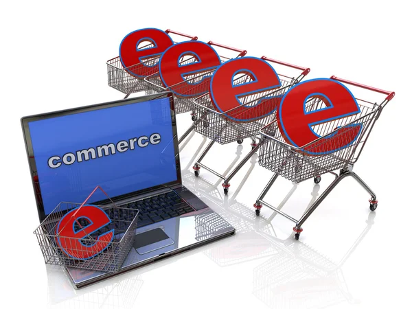 Comércio electrónico. Carrinhos de compras com sinais de e-commerce — Fotografia de Stock